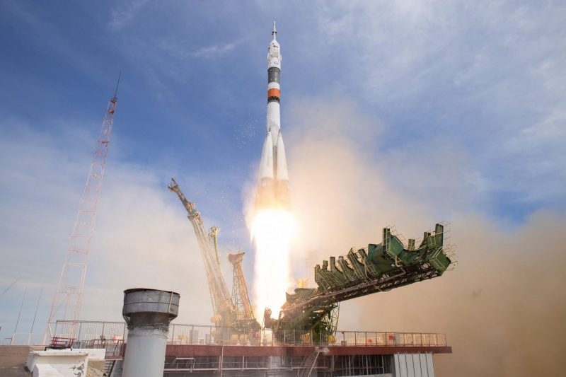 Soyuz rocket launching from the pad
