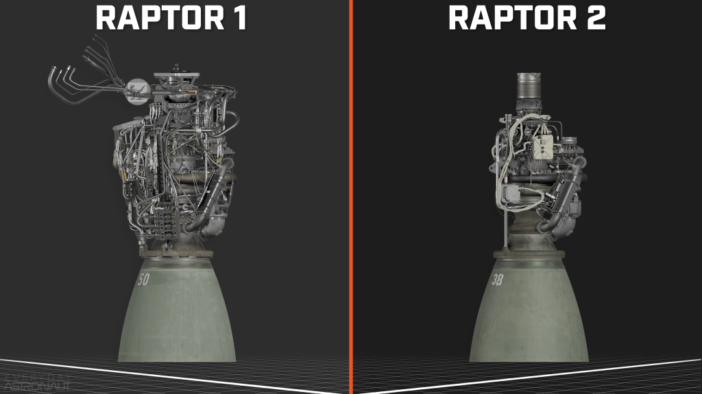 Raptor 1, Raptor 2, side by side comparison, SpaceX, render